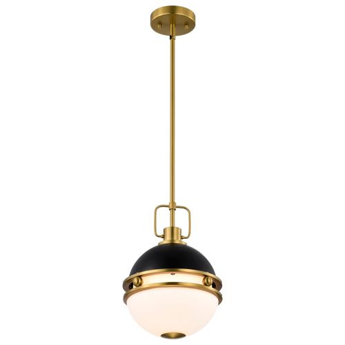Main product image of Everton 1 Light Pendant 10 Inches Matte Black & Brass Finish Etched Opal Glass