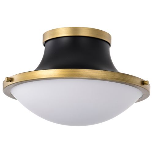 Main product image of Lafayette 1 Light Flush Mount Fixture 14 Inches Matte Black Finish w/ Natural Brass Accents and White Opal Glass