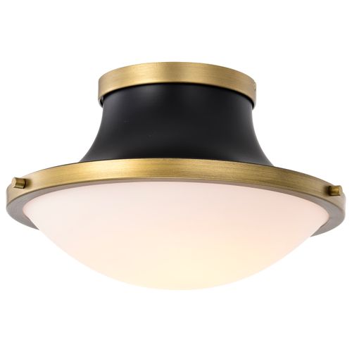 Main product image of Lafayette 1 Light Flush Mount Fixture 14 Inches Matte Black Finish w/ Natural Brass Accents and White Opal Glass