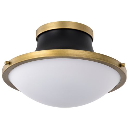 Main product image of Lafayette 1 Light Flush Mount Fixture 14 Inches Matte Black Finish w/ Natural Brass Accents and White Opal Glass