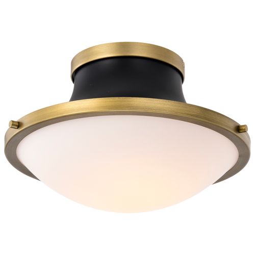 Main product image of Lafayette 1 Light Flush Mount Fixture 14 Inches Matte Black Finish w/ Natural Brass Accents and White Opal Glass