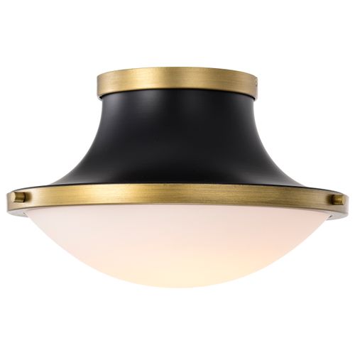 Main product image of Lafayette 1 Light Flush Mount Fixture 14 Inches Matte Black Finish w/ Natural Brass Accents and White Opal Glass