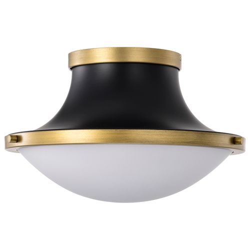 Main product image of Lafayette 1 Light Flush Mount Fixture 14 Inches Matte Black Finish w/ Natural Brass Accents and White Opal Glass