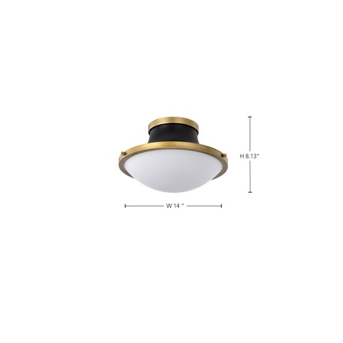 Main product image of Lafayette 1 Light Flush Mount Fixture 14 Inches Matte Black Finish w/ Natural Brass Accents and White Opal Glass
