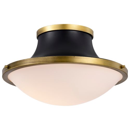 Main product image of Lafayette 3 Light Flush Mount Fixture 18 Inches Matte Black Finish w/ Natural Brass Accents and White Opal Glass