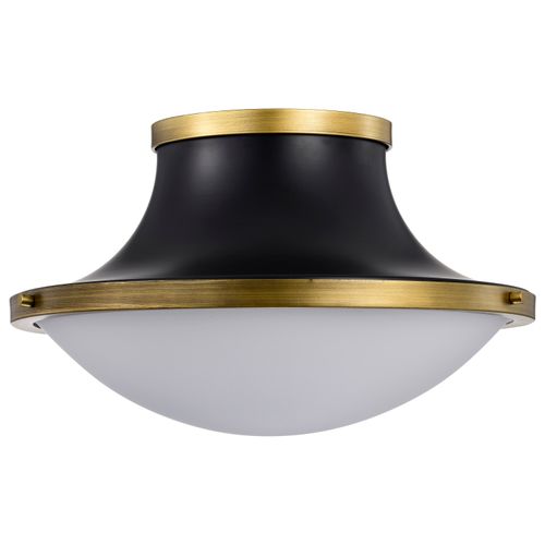 Main product image of Lafayette 3 Light Flush Mount Fixture 18 Inches Matte Black Finish w/ Natural Brass Accents and White Opal Glass