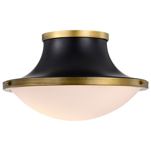Main product image of Lafayette 3 Light Flush Mount Fixture 18 Inches Matte Black Finish w/ Natural Brass Accents and White Opal Glass