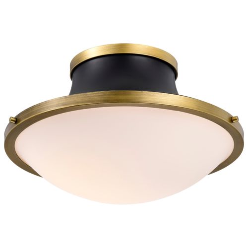 Main product image of Lafayette 3 Light Flush Mount Fixture 18 Inches Matte Black Finish w/ Natural Brass Accents and White Opal Glass