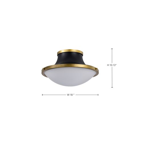 Main product image of Lafayette 3 Light Flush Mount Fixture 18 Inches Matte Black Finish w/ Natural Brass Accents and White Opal Glass