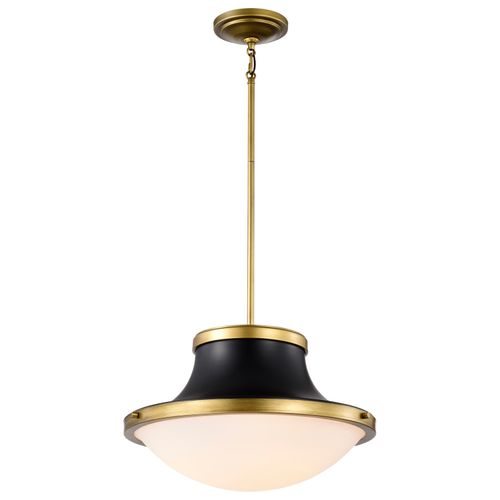Main product image of Lafayette 3 Light Pendant 18 Inches Matte Black Finish w/ Natural Brass Accents and White Opal Glass