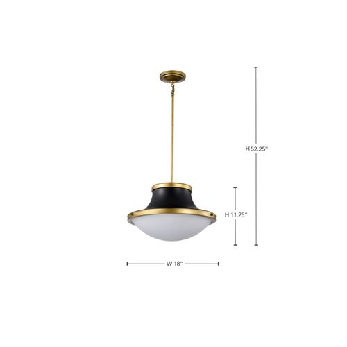 Main product image of Lafayette 3 Light Pendant 18 Inches Matte Black Finish w/ Natural Brass Accents and White Opal Glass