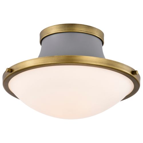 Main product image of Lafayette 1 Light Flush Mount Fixture 14 Inches Gray Finish w/ Natural Brass Accents and White Opal Glass