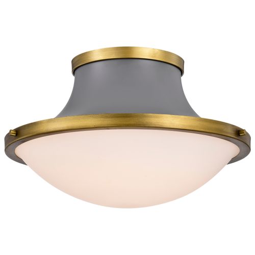 Main product image of Lafayette 3 Light Flush Mount Fixture 18 Inches Gray Finish w/ Natural Brass Accents and White Opal Glass