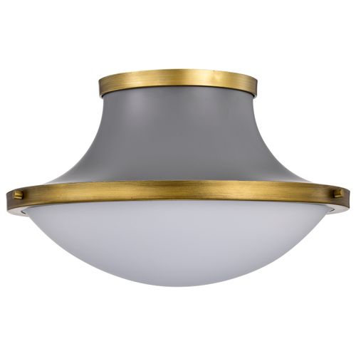 Main product image of Lafayette 3 Light Flush Mount Fixture 18 Inches Gray Finish w/ Natural Brass Accents and White Opal Glass