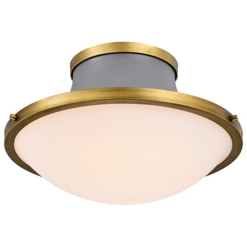 Main product image of Lafayette 3 Light Flush Mount Fixture 18 Inches Gray Finish w/ Natural Brass Accents and White Opal Glass