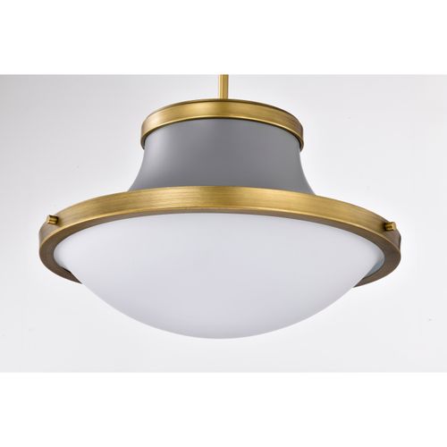 Main product image of Lafayette 3 Light Pendant 18 Inches Gray Finish w/ Natural Brass Accents and White Opal Glass
