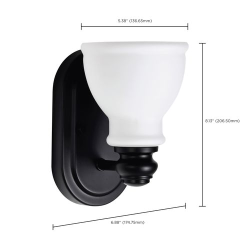 Main product image of Russel 1 Light Vanity Matte Black w/ Satin White Glass