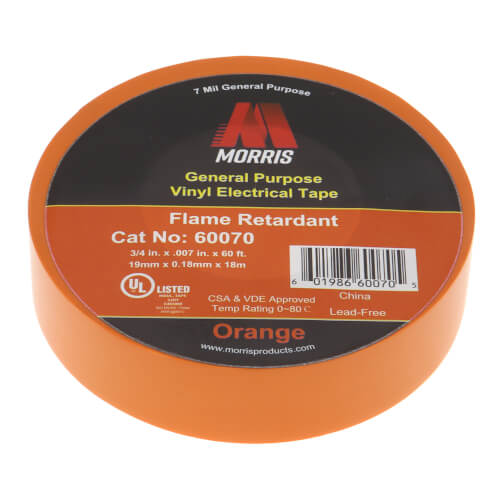 3/4" Width x 60 Ft Length General Purpose Vinyl Electrical Tape, 7 Mil (Orange)