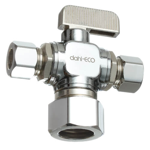 1/2" Nom Comp (5/8" OD) x 3/8" OD Comp x 3/8" OD Comp Dual Outlet Valve, Lead Free (Chrome Plated)