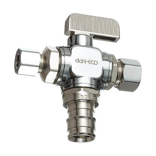 Main product image of 1/2" Expansion PEX x 3/8" x 1/4" OD Comp Angle Dual Outlet Supply Stop Valve, Lead Free (Chrome Plated)