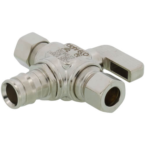 Main product image of 1/2" Expansion PEX x 3/8" OD Comp x 3/8" OD Angle Dual Outlet Stop Valve, Lead Free (Chrome Plated)