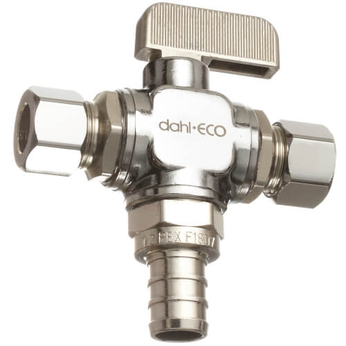 Main product image of 1/2" Pex Crimp x 3/8" x 3/8" OD Compression Dual Angle Stop Valve, Lead Free (Chrome Plated Brass)