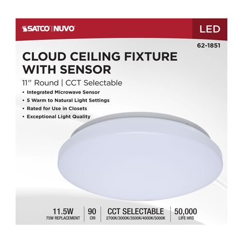 Main product image of 11" LED Cloud Fixture with Sensor, 11.5Ws, 27K/30K/35K/40K/50K CCT Selectable, Round Shape, White Finish, 120V