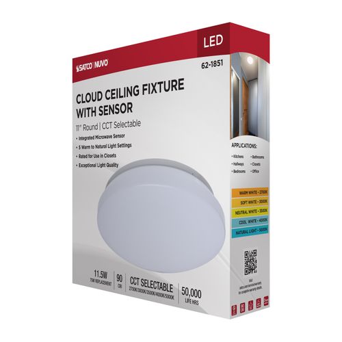 Main product image of 11" LED Cloud Fixture with Sensor, 11.5Ws, 27K/30K/35K/40K/50K CCT Selectable, Round Shape, White Finish, 120V