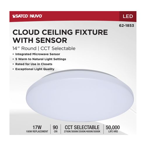 Main product image of 14" LED Cloud Fixture with Sensor, 17Ws, 27K/30K/35K/40K/50K CCT Selectable, Round Shape, White Finish, 120V