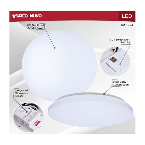 Main product image of 14" LED Cloud Fixture with Sensor, 17Ws, 27K/30K/35K/40K/50K CCT Selectable, Round Shape, White Finish, 120V