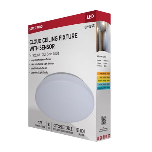 Main product image of 14" LED Cloud Fixture with Sensor, 17Ws, 27K/30K/35K/40K/50K CCT Selectable, Round Shape, White Finish, 120V