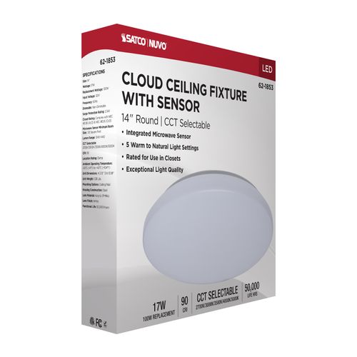 Main product image of 14" LED Cloud Fixture with Sensor, 17Ws, 27K/30K/35K/40K/50K CCT Selectable, Round Shape, White Finish, 120V