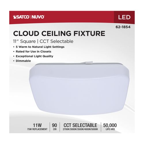 Main product image of 11" LED Cloud Fixture, 11Ws, 27K/30K/35K/40K/50K CCT Selectable, Square Shape, White Finish, 120V