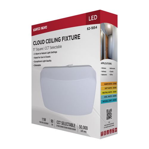 Main product image of 11" LED Cloud Fixture, 11Ws, 27K/30K/35K/40K/50K CCT Selectable, Square Shape, White Finish, 120V