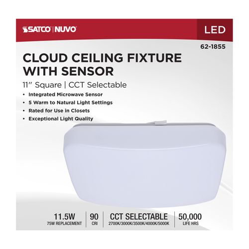 Main product image of 11" LED Cloud Fixture with Sensor, 11.5Ws, 27K/30K/35K/40K/50K CCT Selectable, Square Shape, White Finish, 120V