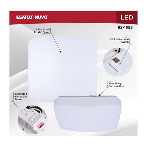Main product image of 11" LED Cloud Fixture with Sensor, 11.5Ws, 27K/30K/35K/40K/50K CCT Selectable, Square Shape, White Finish, 120V