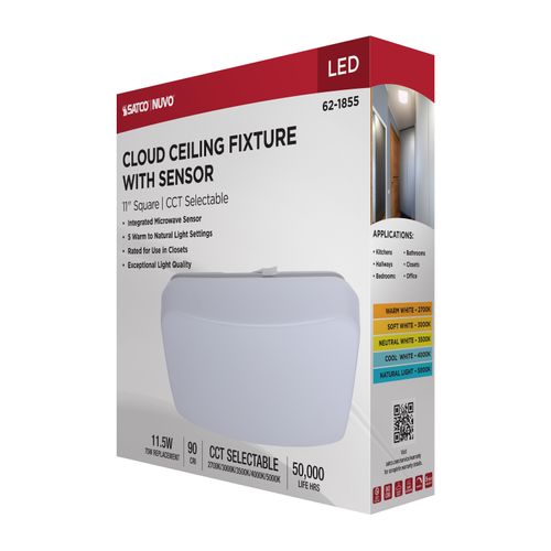 Main product image of 11" LED Cloud Fixture with Sensor, 11.5Ws, 27K/30K/35K/40K/50K CCT Selectable, Square Shape, White Finish, 120V