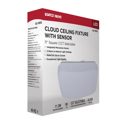Main product image of 11" LED Cloud Fixture with Sensor, 11.5Ws, 27K/30K/35K/40K/50K CCT Selectable, Square Shape, White Finish, 120V