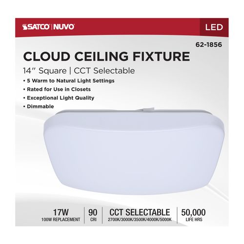 Main product image of 14" LED Cloud Fixture, 17Ws, 27K/30K/35K/40K/50K CCT Selectable, Square Shape, White Finish, 120V