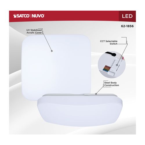 Main product image of 14" LED Cloud Fixture, 17Ws, 27K/30K/35K/40K/50K CCT Selectable, Square Shape, White Finish, 120V