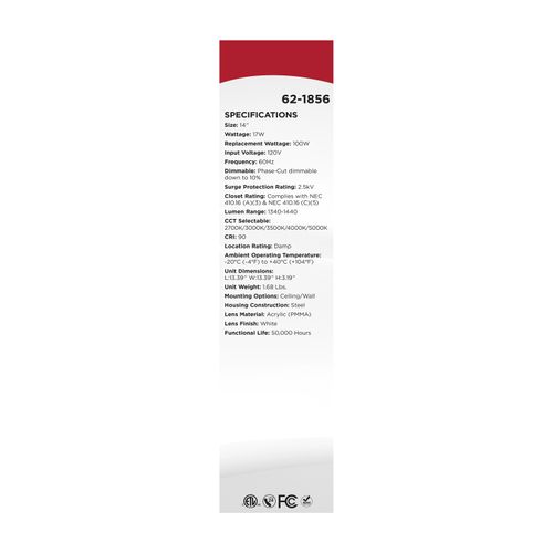 Main product image of 14" LED Cloud Fixture, 17Ws, 27K/30K/35K/40K/50K CCT Selectable, Square Shape, White Finish, 120V