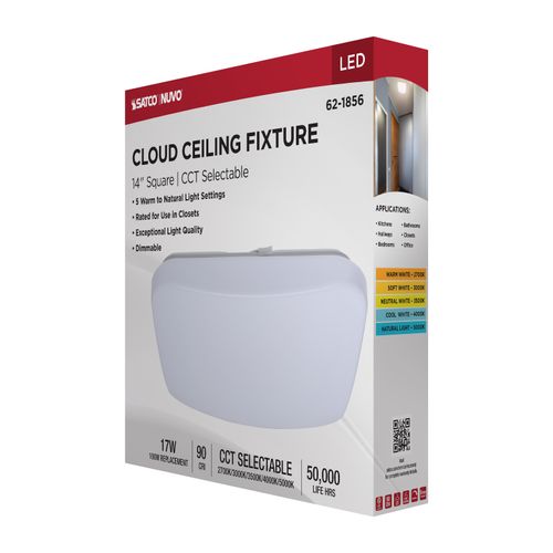 Main product image of 14" LED Cloud Fixture, 17Ws, 27K/30K/35K/40K/50K CCT Selectable, Square Shape, White Finish, 120V