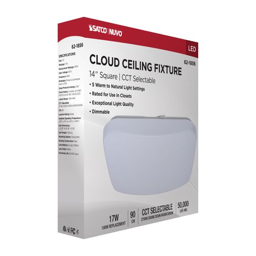 Main product image of 14" LED Cloud Fixture, 17Ws, 27K/30K/35K/40K/50K CCT Selectable, Square Shape, White Finish, 120V