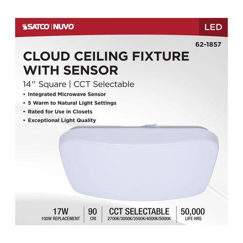 Main product image of 14" LED Cloud Fixture with Sensor, 17Ws, 27K/30K/35K/40K/50K CCT Selectable, Square Shape, White Finish, 120V