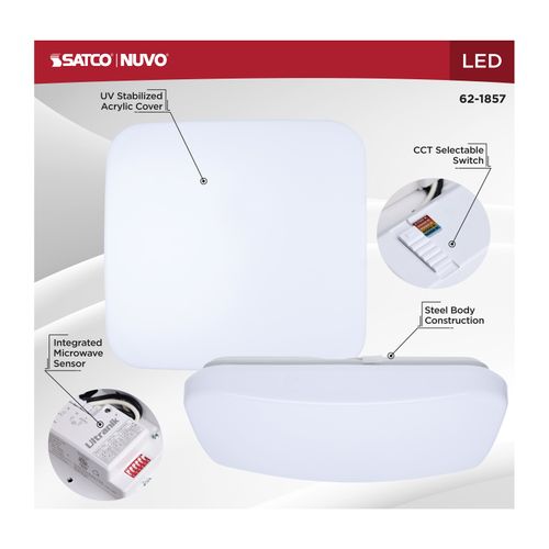 Main product image of 14" LED Cloud Fixture with Sensor, 17Ws, 27K/30K/35K/40K/50K CCT Selectable, Square Shape, White Finish, 120V