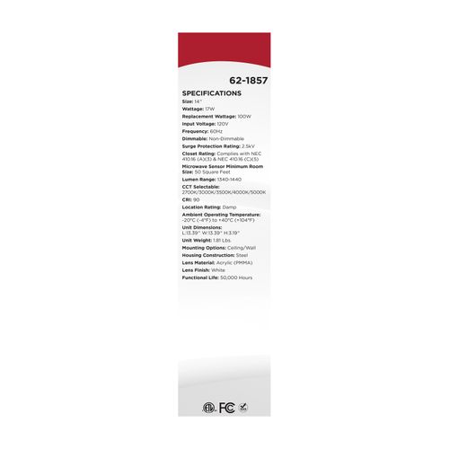 Main product image of 14" LED Cloud Fixture with Sensor, 17Ws, 27K/30K/35K/40K/50K CCT Selectable, Square Shape, White Finish, 120V