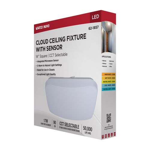 Main product image of 14" LED Cloud Fixture with Sensor, 17Ws, 27K/30K/35K/40K/50K CCT Selectable, Square Shape, White Finish, 120V