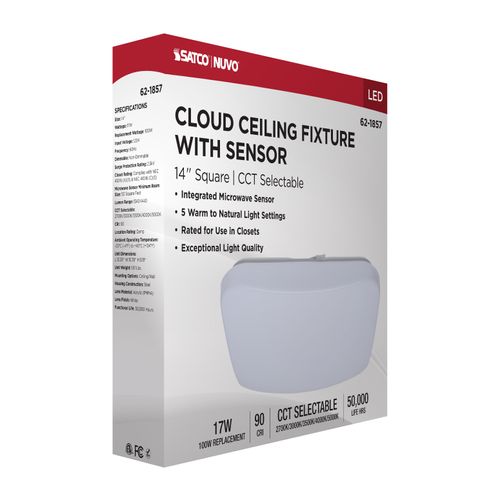Main product image of 14" LED Cloud Fixture with Sensor, 17Ws, 27K/30K/35K/40K/50K CCT Selectable, Square Shape, White Finish, 120V