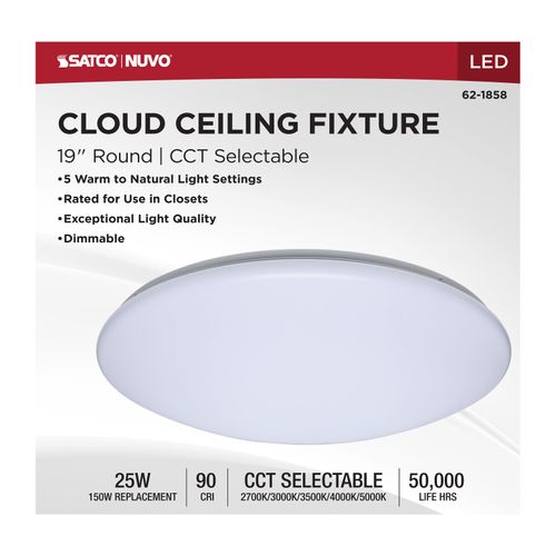 Main product image of 19" LED Cloud Fixture, 25Ws, 27K/30K/35K/40K/50K CCT Selectable, Round Shape, White Finish, 120V