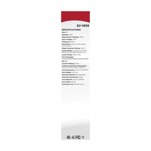 Main product image of 19" LED Cloud Fixture, 25Ws, 27K/30K/35K/40K/50K CCT Selectable, Round Shape, White Finish, 120V